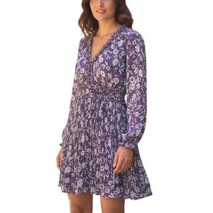 CATO Women's Purple Floral Print Long Sleeve Ruffled‎ Pleated Dress XL-NWOT